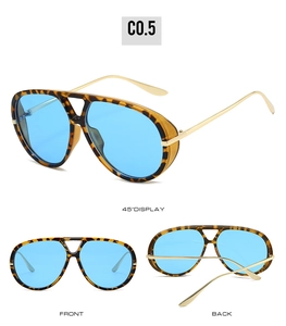 Detailed views of leopard print aviator sunglasses with blue lenses and gold metal temples