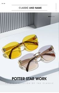 Detail of frameless sunglasses with geometric lenses, gold hinges and tortoiseshell temples