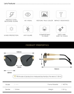 Detailed size chart of rimless sunglasses with dimensions in mm and metal frame features