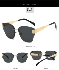 Detailed multi-angle views of rimless cat-eye sunglasses with gold metal temples