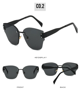 Frameless cat-eye sunglasses with dark grey lenses and metal rivet details shown from three angles