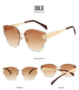 Three-angle display of rimless gradient brown sunglasses with gold metal temples