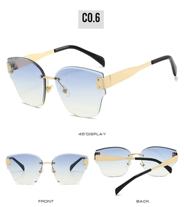 Frameless rimless sunglasses with blue-yellow gradient lenses and gold metal temples