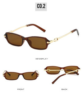 Three-view display of retro rectangular sunglasses with gold metal temples and tea frames