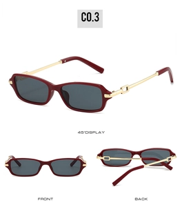 Detailed views of dark red rectangular sunglasses with gold temples from multiple angles