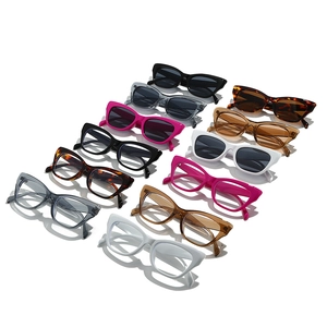 Collection of trendy cat-eye sunglasses and blue light glasses in various vibrant colors