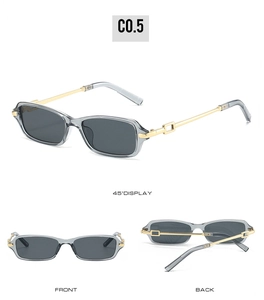 Three views of retro rectangle sunglasses with gray lenses and gold metal temples