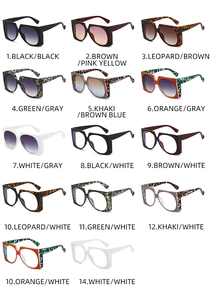 Grid display of oversized square sunglasses in 14 vibrant candy colors and patterns