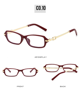 Three-angle display of red rectangular sunglasses with gold hollowed metal temples