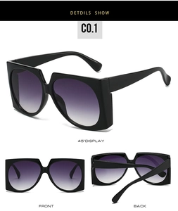 Three-way view of oversized black square sunglasses with purple gradient lenses