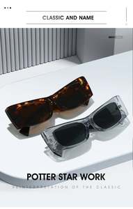 Detail view of stylish rectangle sunglasses in tortoiseshell and transparent grey frames