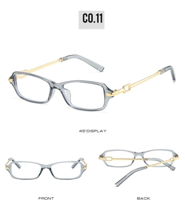 Detail view of square sunglasses with grey frames and golden hollow-out metal temples