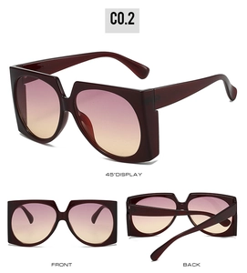 Three-view perspective of burgundy oversized sunglasses with gradient pink to yellow lenses