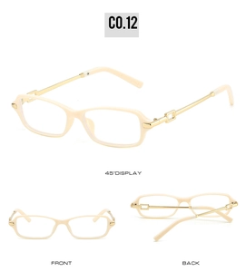 Detail view of cream rectangle sunglasses showing 45-degree angle, front and back views