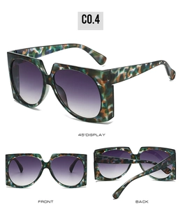 Three views of oversized square sunglasses with green tortoiseshell frame and purple gradient lenses