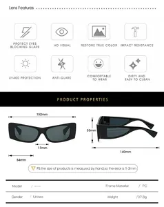 Detailed size chart for rectangular sunglasses showing frame width and PC material specs
