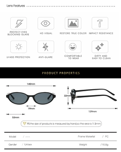 Detailed technical diagram of oval sunglasses showing precise size dimensions and PC lens features