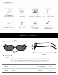 Detailed dimension chart showing frame size 144mm and UV400 specs for square sunglasses