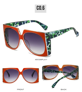Orange oversized sunglasses with camouflage temples and purple gradient lenses in three views