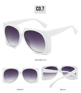 Three-way view of white oversized square sunglasses with purple gradient lenses