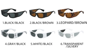 Matrix display of narrow rectangular sunglasses in six assorted frame and lens colors