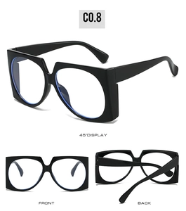 Three-angle view of black oversized geometric sunglasses frames with blue light blocking lenses
