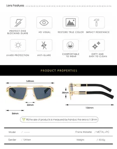 Detailed dimension chart showing frame width and lens height for retro metal sunglasses