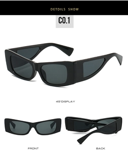 Detailed views of black rectangular sunglasses with retro Y2K style and wide temples