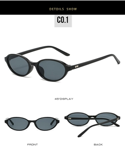 Detailed views of oval sunglasses with sleek black frames and heart-shaped temple accents