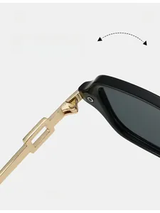 Macro detail of high-quality metal hinge with hollow design on black square sunglasses