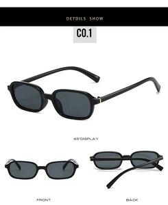 Detailed multi-angle views of black small frame sunglasses with dark gray lenses