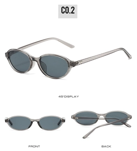 Three views of vintage oval sunglasses with heart temple detail and translucent grey frame