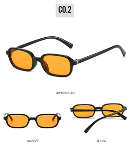 Three-view display of vintage oval sunglasses with black frame and orange lenses