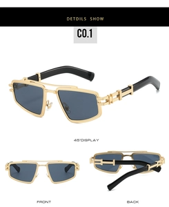 Detail view showing golden metal punk frame and geometric openwork temples of sunglasses
