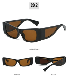 Detailed views of rectangle black frame sunglasses with side hollow geometric design