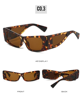 Detailed views of tortoise shell rectangular sunglasses with hollow triangle temple design