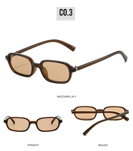 Fashion rectangular sunglasses with dark amber frames and light brown lenses in multiple views