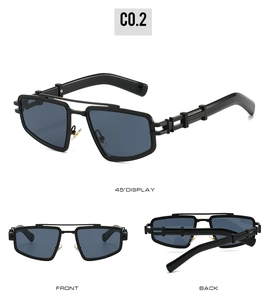 Three-angle view of vintage black frame sunglasses with metallic double bridge