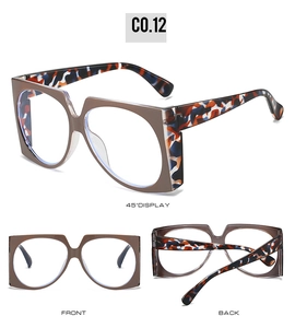 Three-angle view of oversized tortoiseshell sunglasses showing front, back, and 45-degree angle