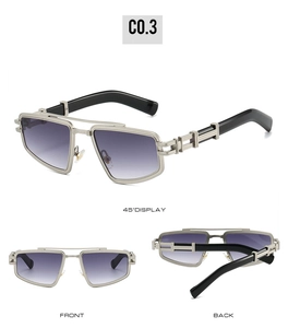 Three-angle view of silver geometric sunglasses with purple gradient lenses and cutouts