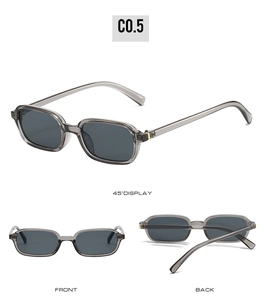 Three-angle views of rectangular translucent grey sunglasses with dark grey lenses