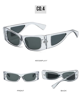 Detailed views of narrow square sunglasses with hollow temple design and transparent grey frames