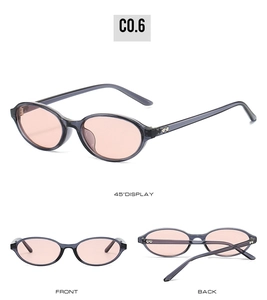 Three views of oval frame sunglasses with pink lenses and heart detail on temples