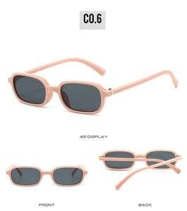 Three-angle view of pink oval sunglasses featuring retro frames and dark grey lenses