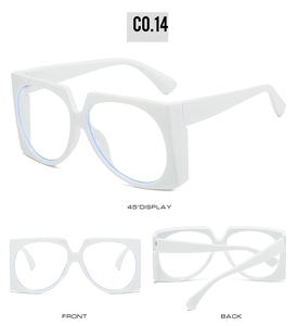Three views of white oversized square sunglasses showing front, back and 45-degree angle