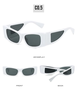 Three-angle views of white rectangular sunglasses with geometric hollowed temples