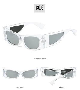 Three-angle view of square transparent gray sunglasses with unique temple window details