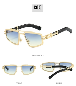 Detailed views of polygon sunglasses with gold metal frames and blue-yellow gradient lenses