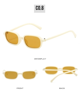 Detail views of cream small square sunglasses with yellow lenses from multiple angles
