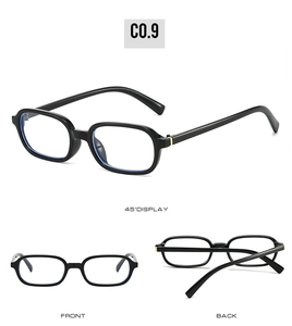 Three-view display of retro black square frames showing front, back, and 45-degree angle